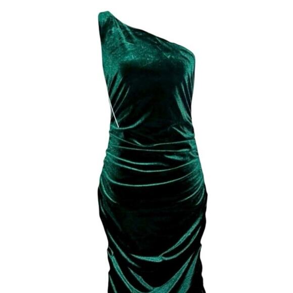 HOUSE OF HARLOW 1960 Luxe Velvet Ruched One Shoulder Bodycon Dress Emerald-Sz XS - Picture 1 of 6
